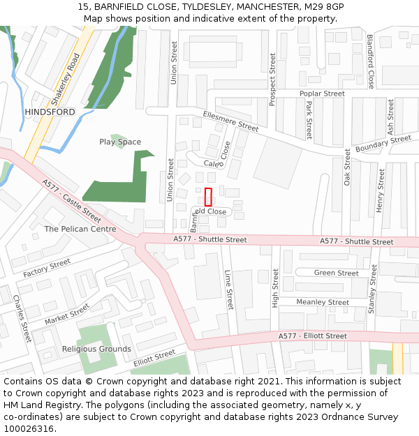 15, BARNFIELD CLOSE, TYLDESLEY, MANCHESTER, M29 8GP: Location map and indicative extent of plot