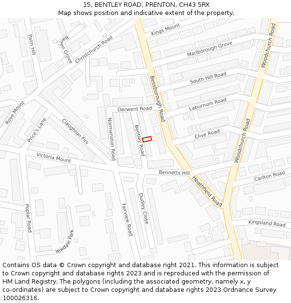 15, BENTLEY ROAD, PRENTON, CH43 5RX: Location map and indicative extent of plot