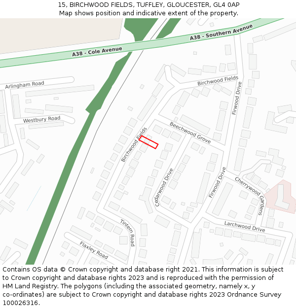 15, BIRCHWOOD FIELDS, TUFFLEY, GLOUCESTER, GL4 0AP: Location map and indicative extent of plot