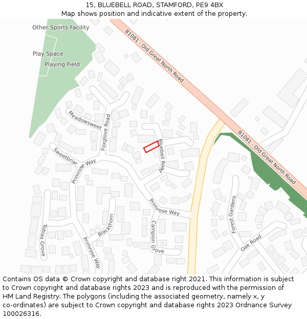 15, BLUEBELL ROAD, STAMFORD, PE9 4BX: Location map and indicative extent of plot