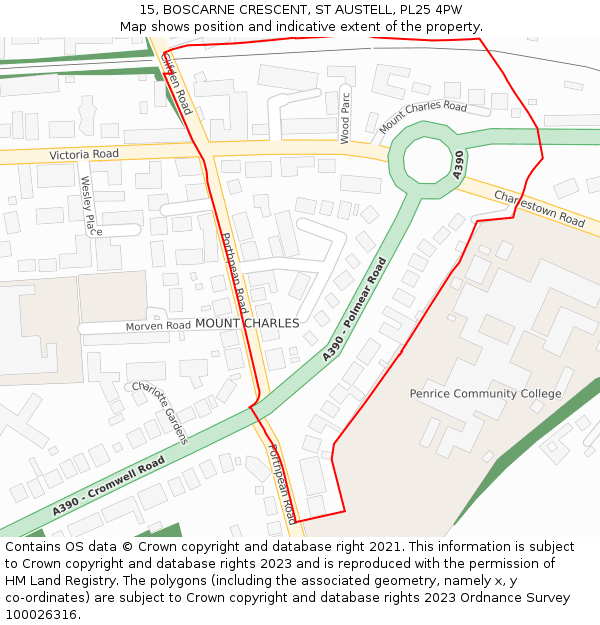 15, BOSCARNE CRESCENT, ST AUSTELL, PL25 4PW: Location map and indicative extent of plot