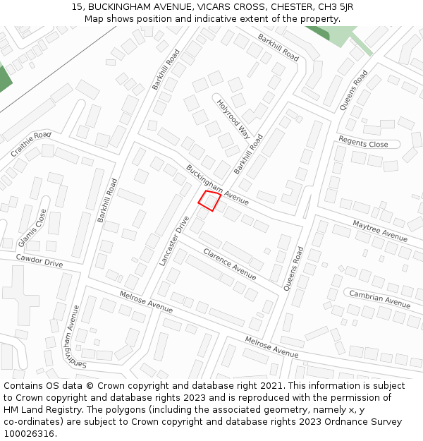 15, BUCKINGHAM AVENUE, VICARS CROSS, CHESTER, CH3 5JR: Location map and indicative extent of plot