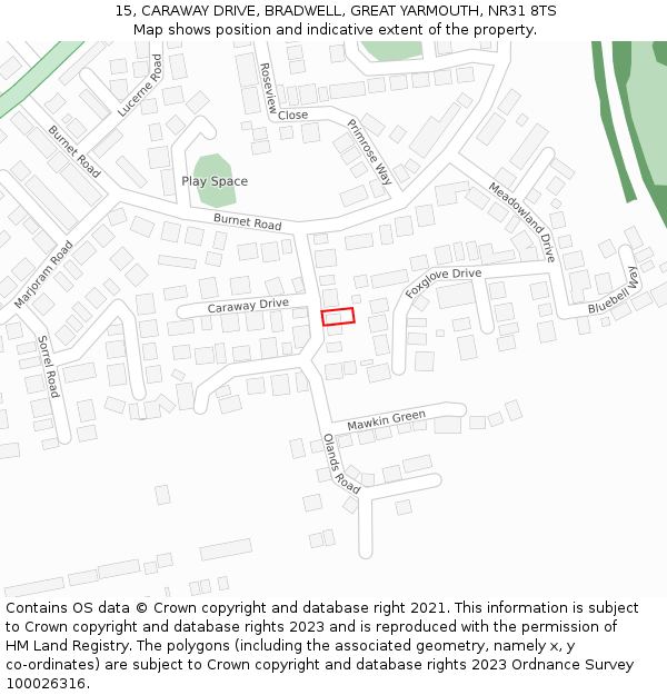 15, CARAWAY DRIVE, BRADWELL, GREAT YARMOUTH, NR31 8TS: Location map and indicative extent of plot