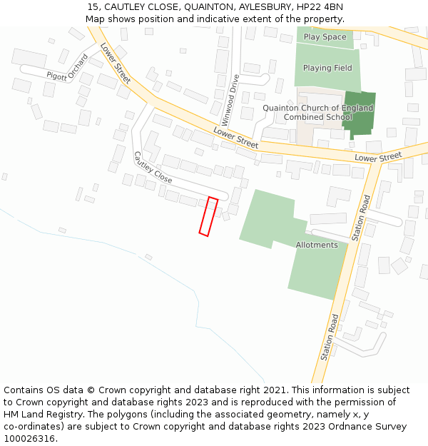 15, CAUTLEY CLOSE, QUAINTON, AYLESBURY, HP22 4BN: Location map and indicative extent of plot