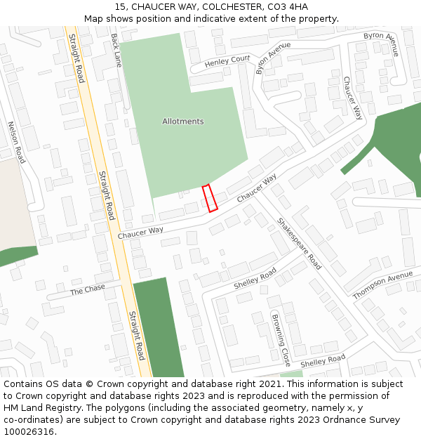 15, CHAUCER WAY, COLCHESTER, CO3 4HA: Location map and indicative extent of plot