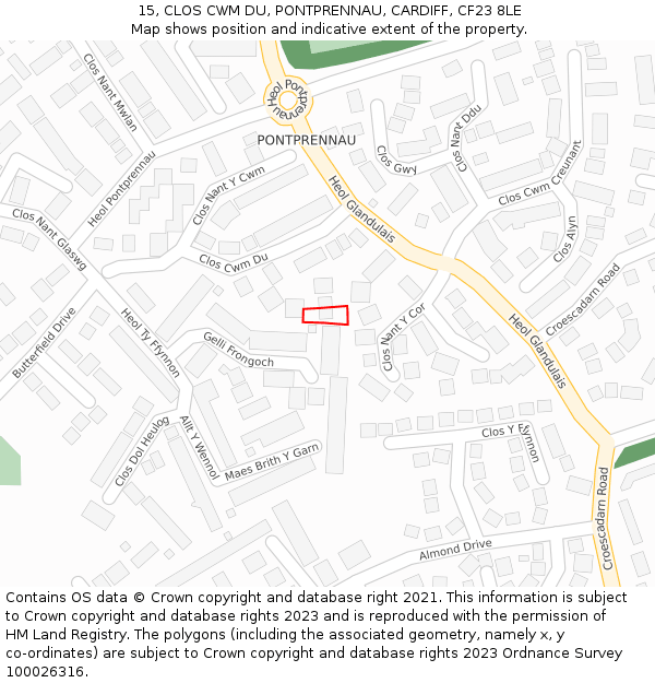 15, CLOS CWM DU, PONTPRENNAU, CARDIFF, CF23 8LE: Location map and indicative extent of plot