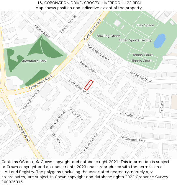 15, CORONATION DRIVE, CROSBY, LIVERPOOL, L23 3BN: Location map and indicative extent of plot