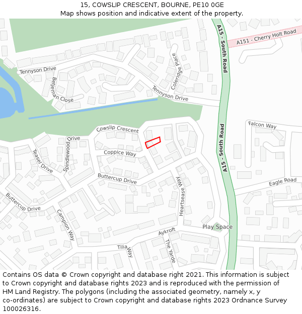 15, COWSLIP CRESCENT, BOURNE, PE10 0GE: Location map and indicative extent of plot