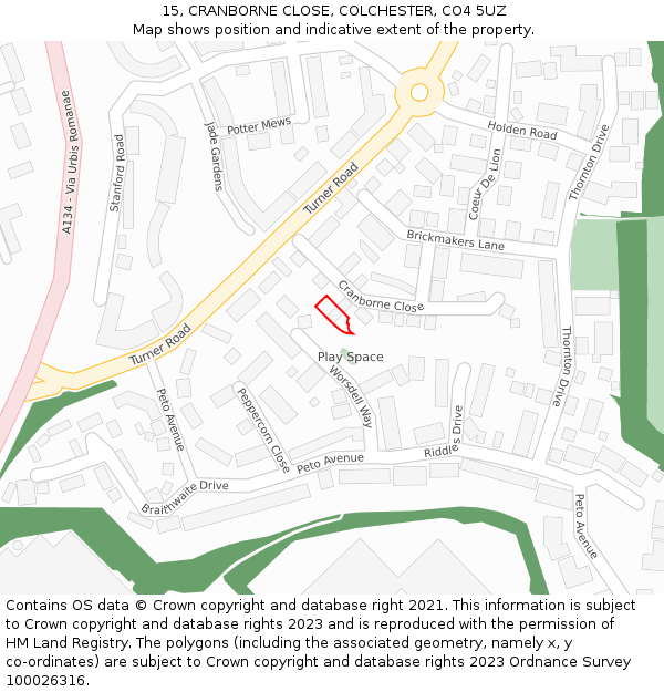 15, CRANBORNE CLOSE, COLCHESTER, CO4 5UZ: Location map and indicative extent of plot