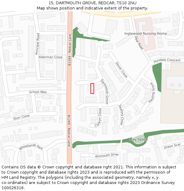 15, DARTMOUTH GROVE, REDCAR, TS10 2NU: Location map and indicative extent of plot