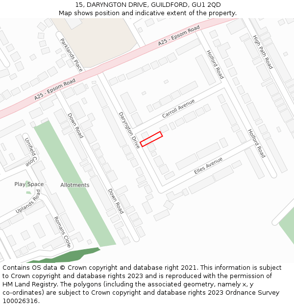 15, DARYNGTON DRIVE, GUILDFORD, GU1 2QD: Location map and indicative extent of plot