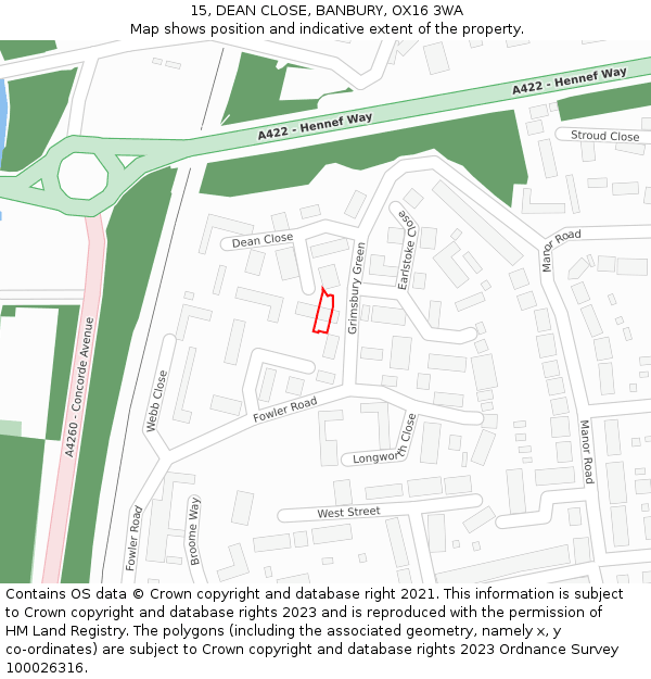 15, DEAN CLOSE, BANBURY, OX16 3WA: Location map and indicative extent of plot