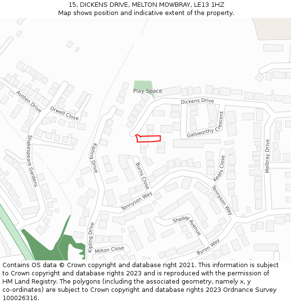 15, DICKENS DRIVE, MELTON MOWBRAY, LE13 1HZ: Location map and indicative extent of plot