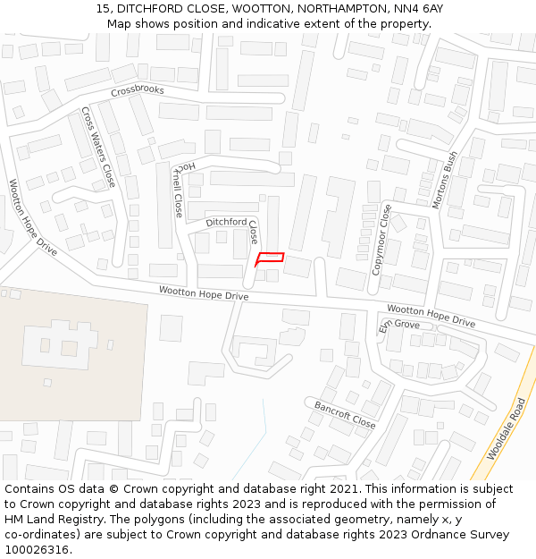 15, DITCHFORD CLOSE, WOOTTON, NORTHAMPTON, NN4 6AY: Location map and indicative extent of plot