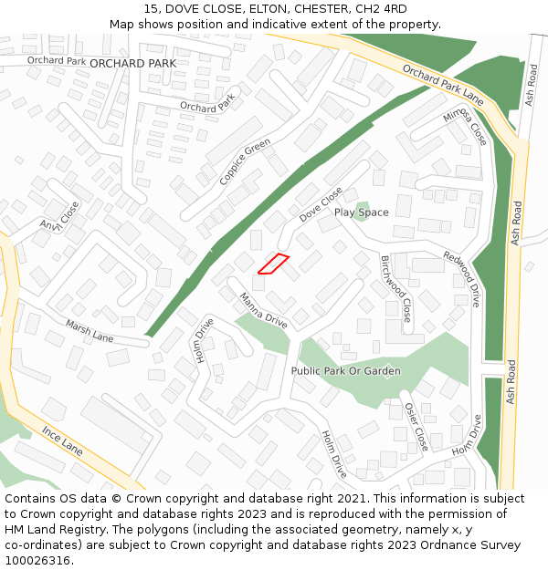 15, DOVE CLOSE, ELTON, CHESTER, CH2 4RD: Location map and indicative extent of plot