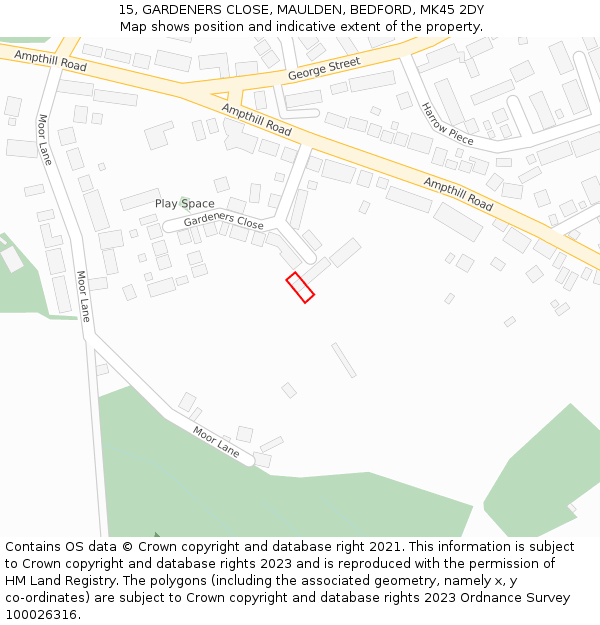 15, GARDENERS CLOSE, MAULDEN, BEDFORD, MK45 2DY: Location map and indicative extent of plot