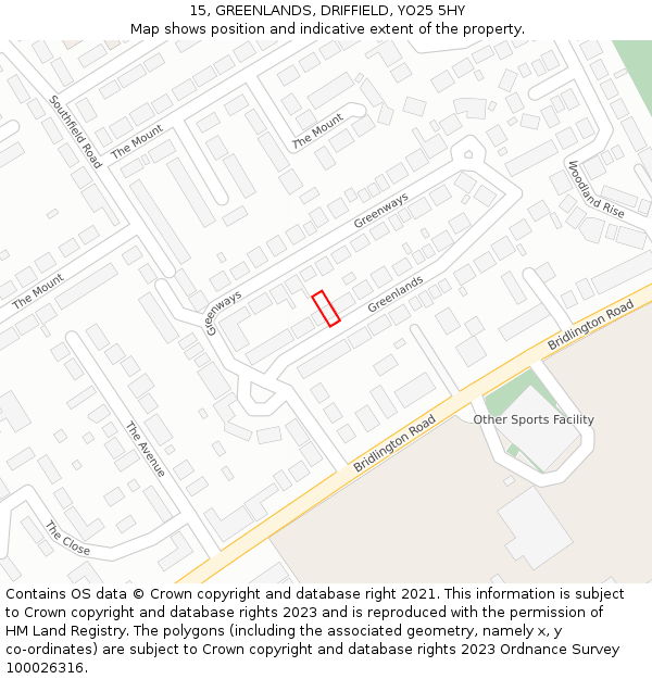 15, GREENLANDS, DRIFFIELD, YO25 5HY: Location map and indicative extent of plot