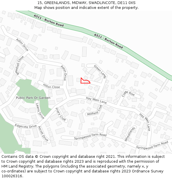 15, GREENLANDS, MIDWAY, SWADLINCOTE, DE11 0XS: Location map and indicative extent of plot