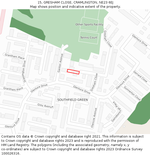 15, GRESHAM CLOSE, CRAMLINGTON, NE23 6EJ: Location map and indicative extent of plot