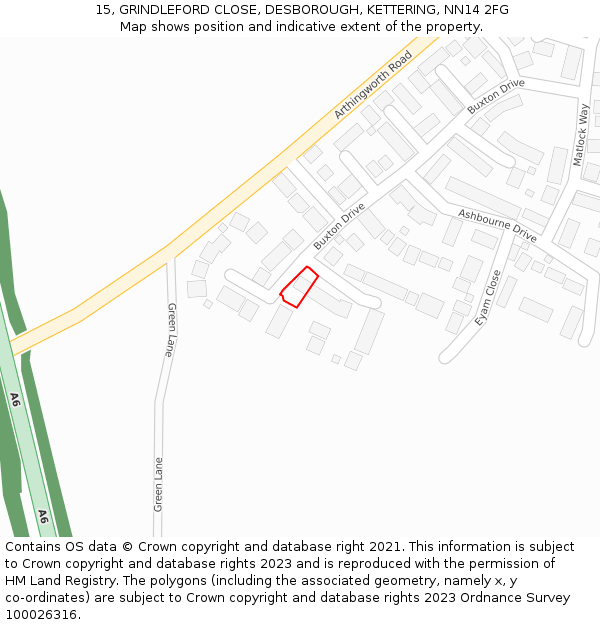 15, GRINDLEFORD CLOSE, DESBOROUGH, KETTERING, NN14 2FG: Location map and indicative extent of plot