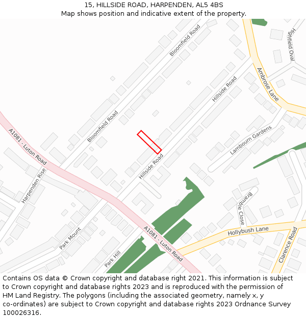15, HILLSIDE ROAD, HARPENDEN, AL5 4BS: Location map and indicative extent of plot
