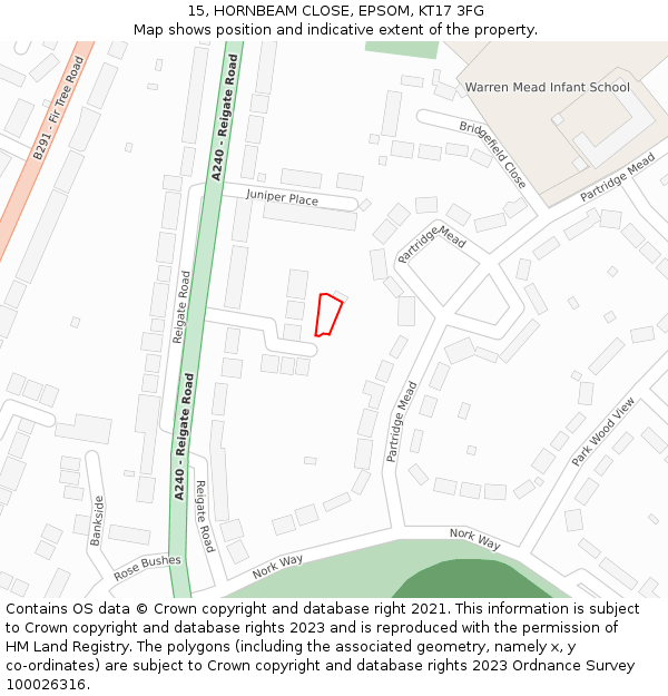 15, HORNBEAM CLOSE, EPSOM, KT17 3FG: Location map and indicative extent of plot