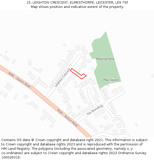 15, LEIGHTON CRESCENT, ELMESTHORPE, LEICESTER, LE9 7SF: Location map and indicative extent of plot