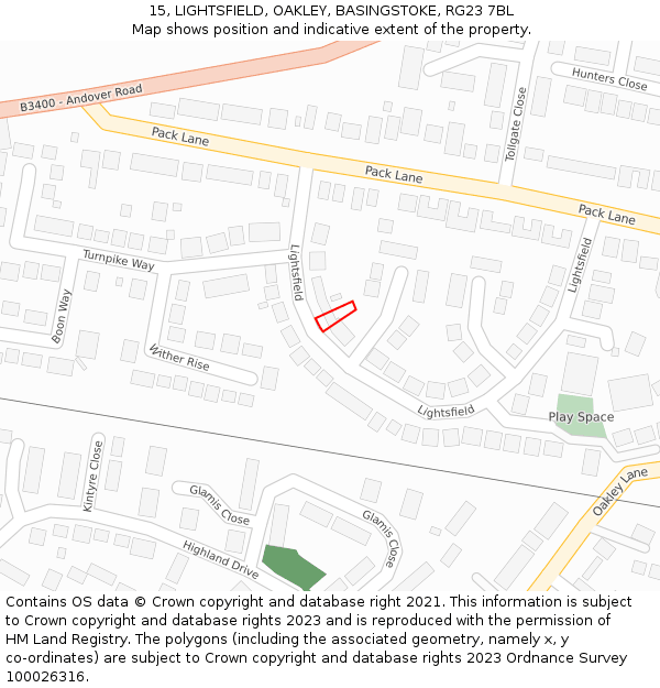 15, LIGHTSFIELD, OAKLEY, BASINGSTOKE, RG23 7BL: Location map and indicative extent of plot