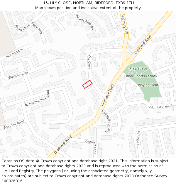 15, LILY CLOSE, NORTHAM, BIDEFORD, EX39 1EH: Location map and indicative extent of plot