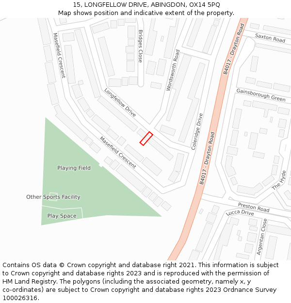 15, LONGFELLOW DRIVE, ABINGDON, OX14 5PQ: Location map and indicative extent of plot