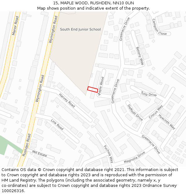 15, MAPLE WOOD, RUSHDEN, NN10 0UN: Location map and indicative extent of plot