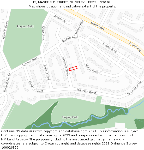 15, MASEFIELD STREET, GUISELEY, LEEDS, LS20 9LL: Location map and indicative extent of plot