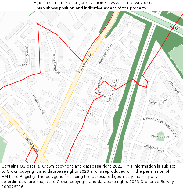 15, MORRELL CRESCENT, WRENTHORPE, WAKEFIELD, WF2 0SU: Location map and indicative extent of plot