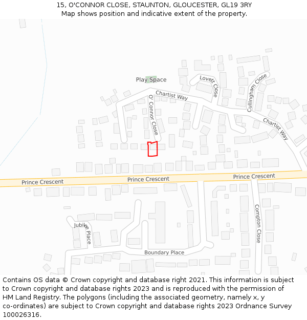 15, O'CONNOR CLOSE, STAUNTON, GLOUCESTER, GL19 3RY: Location map and indicative extent of plot