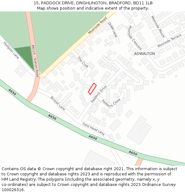 15, PADDOCK DRIVE, DRIGHLINGTON, BRADFORD, BD11 1LB: Location map and indicative extent of plot