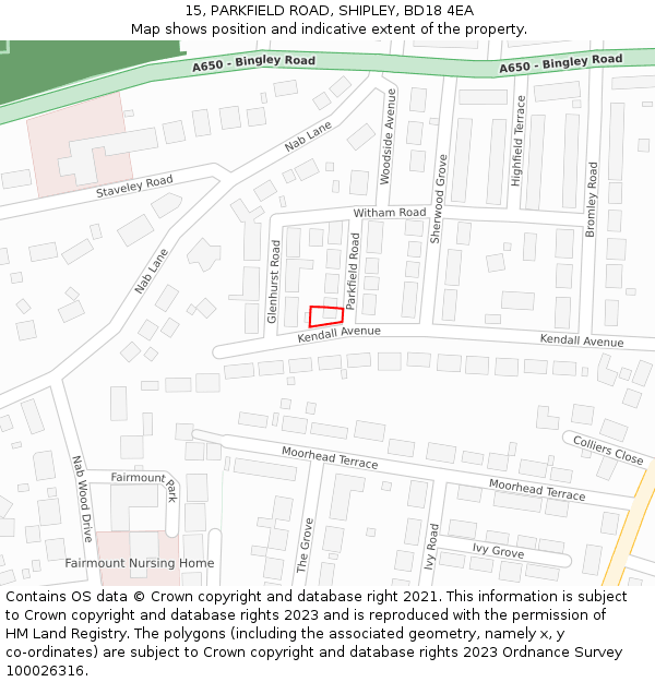 15, PARKFIELD ROAD, SHIPLEY, BD18 4EA: Location map and indicative extent of plot