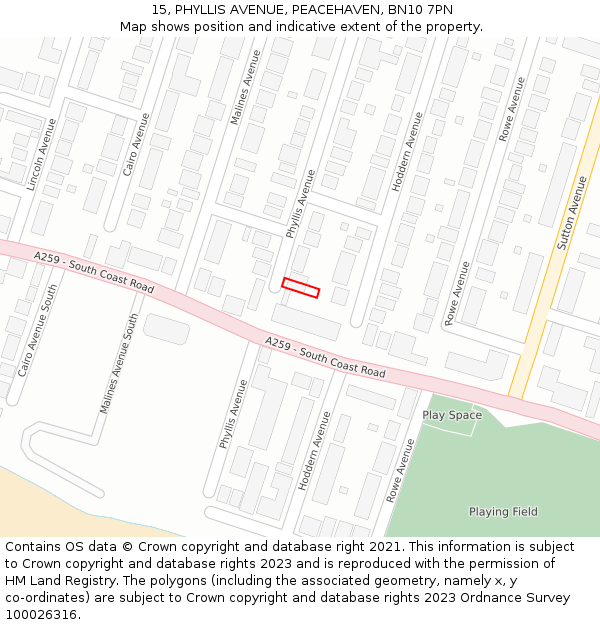 15, PHYLLIS AVENUE, PEACEHAVEN, BN10 7PN: Location map and indicative extent of plot