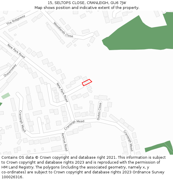 15, SELTOPS CLOSE, CRANLEIGH, GU6 7JW: Location map and indicative extent of plot