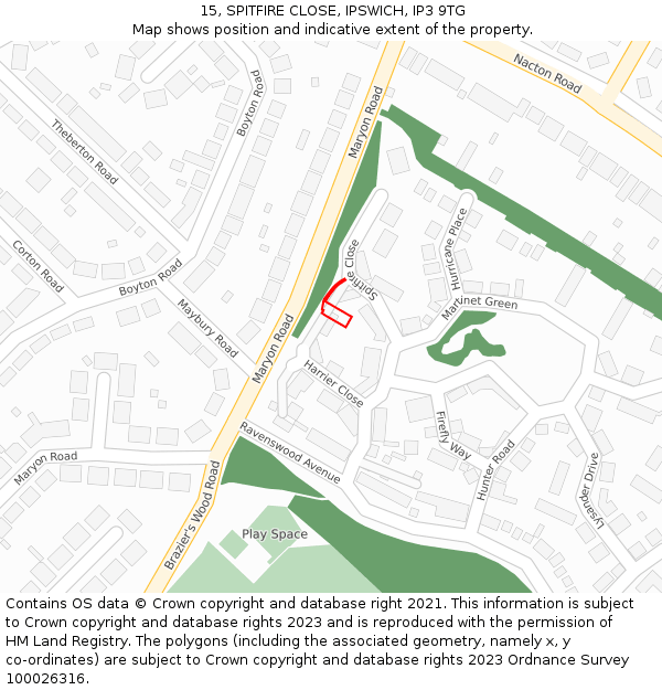 15, SPITFIRE CLOSE, IPSWICH, IP3 9TG: Location map and indicative extent of plot