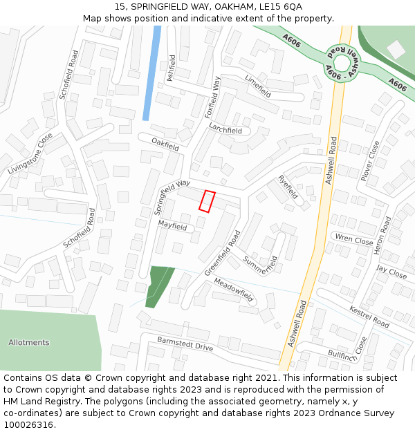 15, SPRINGFIELD WAY, OAKHAM, LE15 6QA: Location map and indicative extent of plot