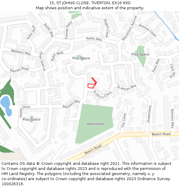 15, ST JOHNS CLOSE, TIVERTON, EX16 6XD: Location map and indicative extent of plot