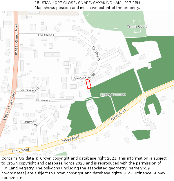 15, STANHOPE CLOSE, SNAPE, SAXMUNDHAM, IP17 1RH: Location map and indicative extent of plot