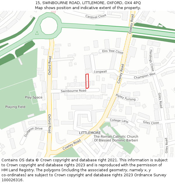 15, SWINBOURNE ROAD, LITTLEMORE, OXFORD, OX4 4PQ: Location map and indicative extent of plot