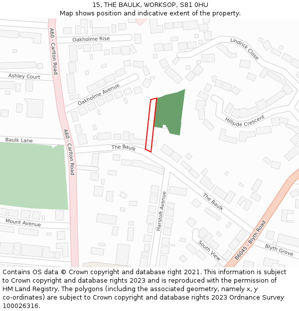 15, THE BAULK, WORKSOP, S81 0HU: Location map and indicative extent of plot