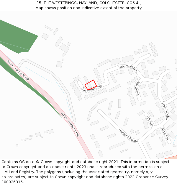 15, THE WESTERINGS, NAYLAND, COLCHESTER, CO6 4LJ: Location map and indicative extent of plot