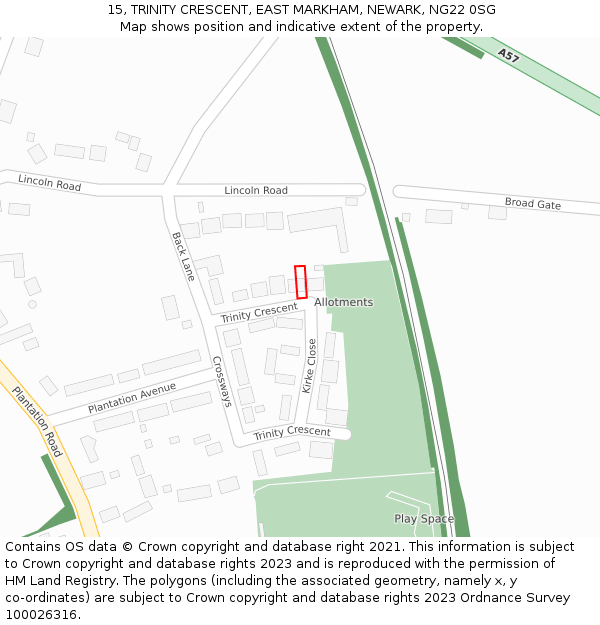 15, TRINITY CRESCENT, EAST MARKHAM, NEWARK, NG22 0SG: Location map and indicative extent of plot