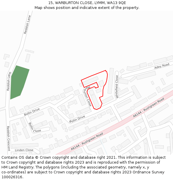 15, WARBURTON CLOSE, LYMM, WA13 9QE: Location map and indicative extent of plot