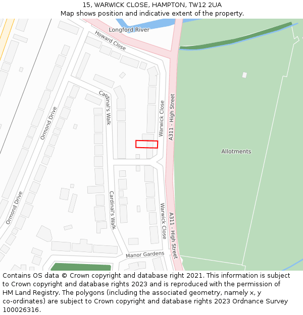 15, WARWICK CLOSE, HAMPTON, TW12 2UA: Location map and indicative extent of plot