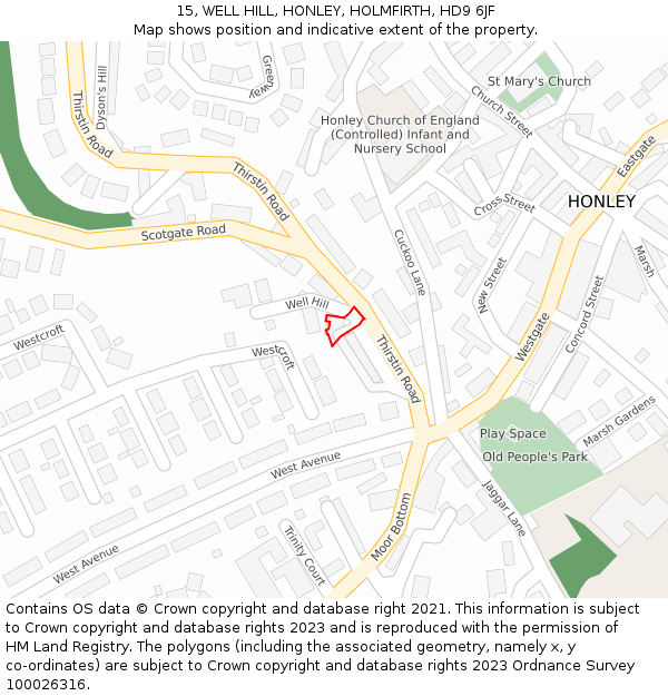 15, WELL HILL, HONLEY, HOLMFIRTH, HD9 6JF: Location map and indicative extent of plot