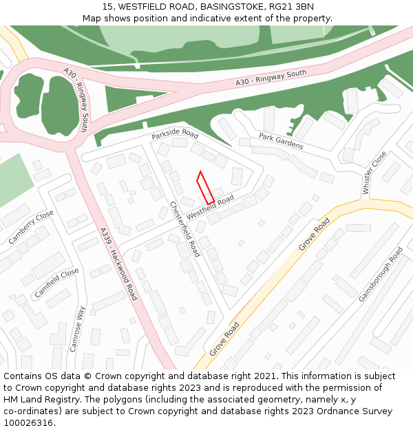 15, WESTFIELD ROAD, BASINGSTOKE, RG21 3BN: Location map and indicative extent of plot